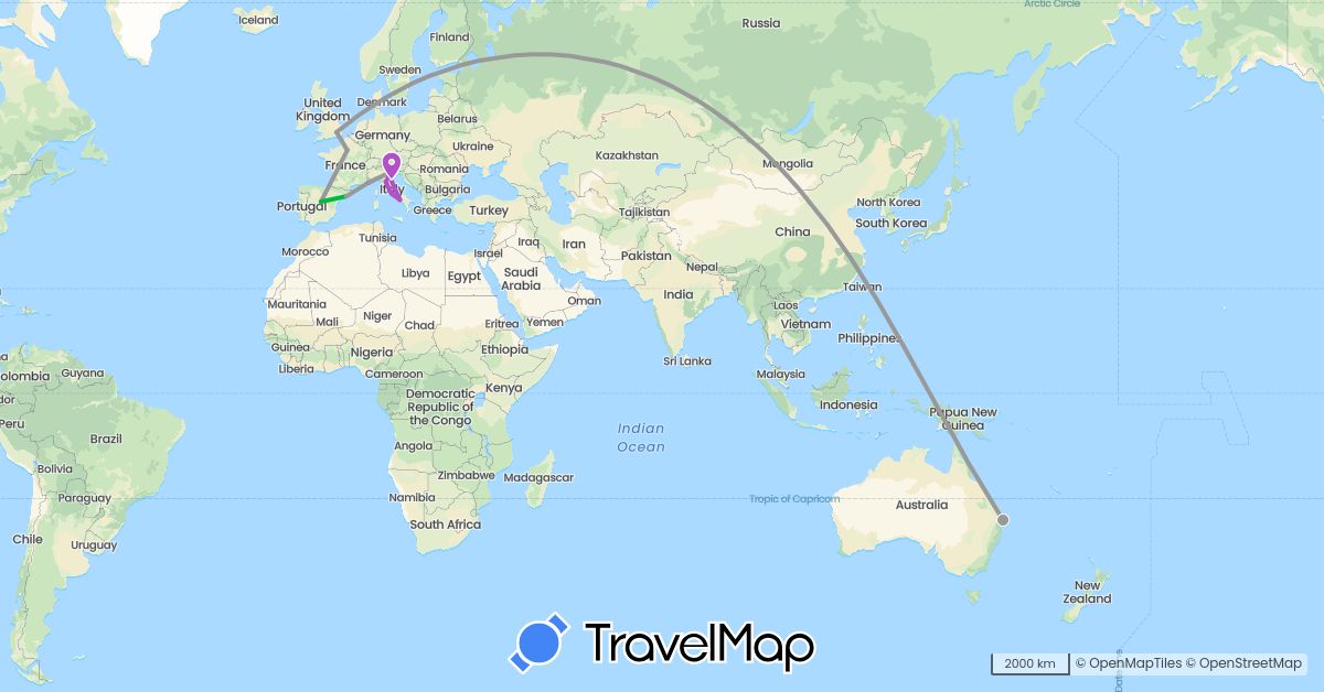 TravelMap itinerary: driving, bus, plane, train in Australia, Spain, France, United Kingdom, Italy, Monaco (Europe, Oceania)
